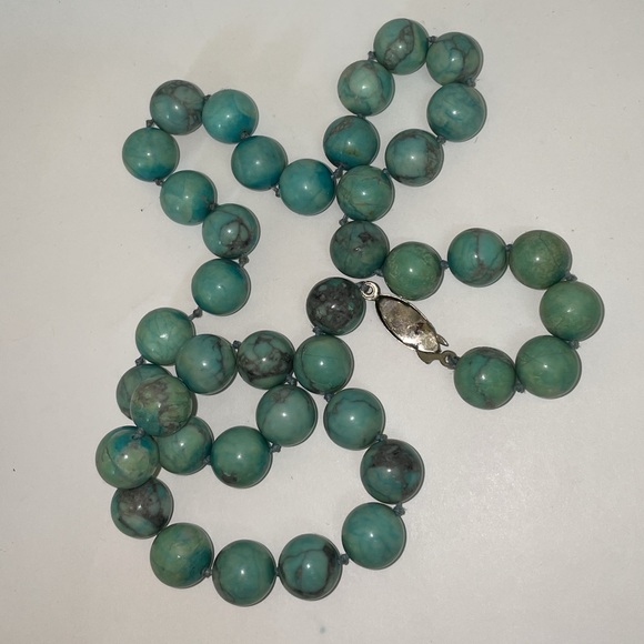 Silver Genuine Turquoise Beads Hand Knotted Vintage Beaded Necklace - Picture 8 of 10